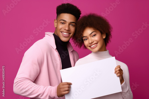 Smiling black couple with blank paper
