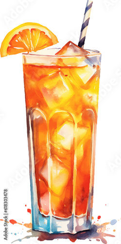 Refreshing Drink with Ice and Orange Watercolor illustration. Hand drawn vector illustration isolated on white background