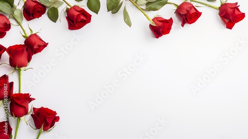 Fototapeta Naklejka Na Ścianę i Meble -  White banner background with with red roses and space for copy. AI generative art.
