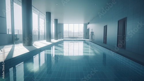 Indoor swimming pool in a luxury modern urban building. Tile walls and floors  large panoramic windows with stunning city view. Minimalistic interior. Comfortable living environment. 3D rendering.
