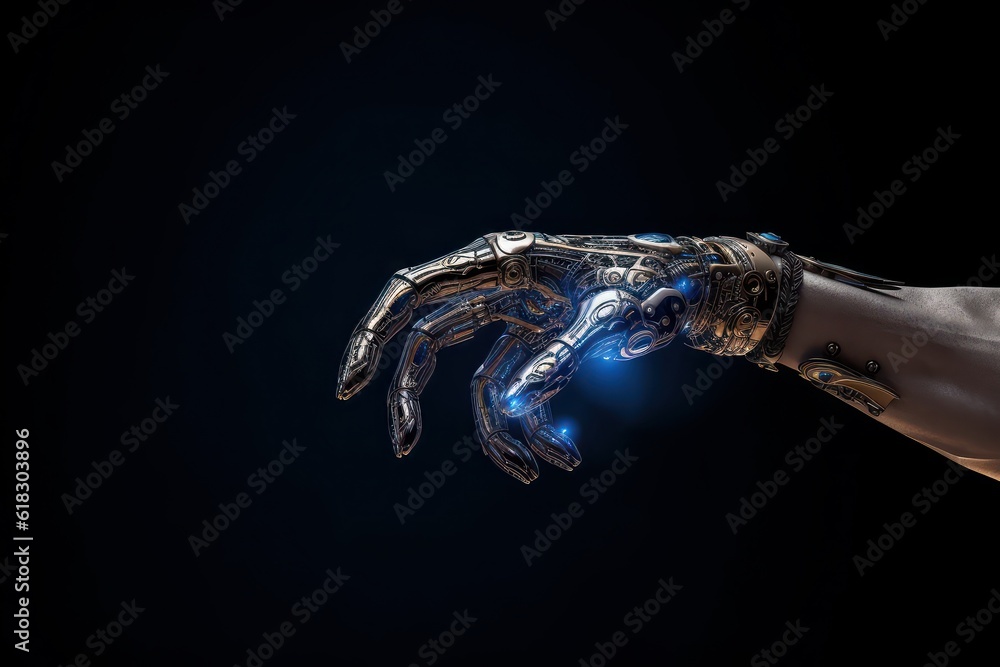Close up image of cyborg hand, anthropomorphic hand, metal and wires. Futuristic digital age, robotics, digital technologies, scientific and technological progress. Black background, copy space. Close up image of cyborg hand, anthropomorphic hand, metal and wires. Futuristic digital age, robotics, digital technologies, scientific and technological progress. Black background, copy space.