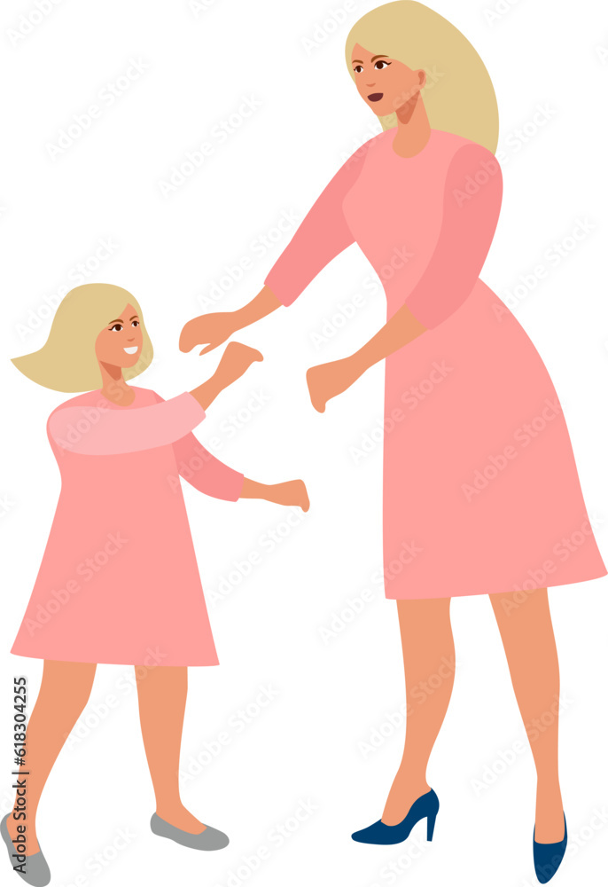 Young woman with child in a flat style. Mother leads daughter by the hand. Mother and daughter. Woman in casual pink dress. Vector illustration. Young woman with child in a flat style. Mother leads daughter by the hand. Mother and daughter. Woman in casual pink dress. Vector illustration.
