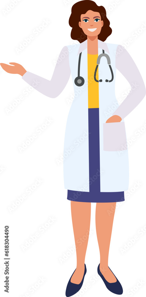 Woman doctor with a stethoscope. A doctor in a medical uniform. Family doctor. Medical worker, paramedic.Flat vector illustration isolated on white background Woman doctor with a stethoscope. A doctor in a medical uniform. Family doctor. Medical worker, paramedic.Flat vector illustration isolated on white background