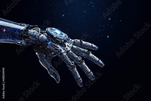 Close up image of cyborg hand, anthropomorphic hand, metal and wires. Futuristic digital age, robotics, digital technologies, scientific and technological progress. Dark blue background, copy space.