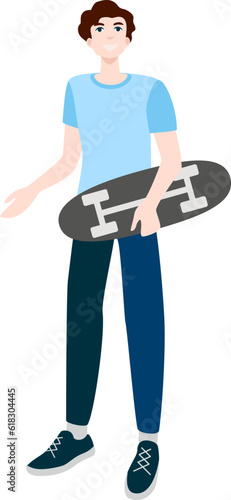 Happy teenager with a skateboard in his hand.Flat vector illustration isolated on white background