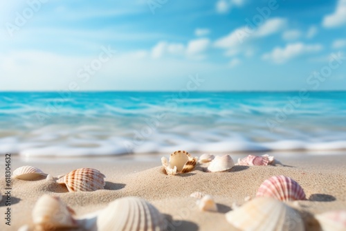 seashells in the sand on the beach  turquoise beach  beach sand and sky