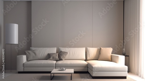 Fragment of a modern minimalist monochrome living room. Empty walls, comfortable corner sofa with pillows, coffee table, floor lamp, carpet, window with curtain. Mockup, 3D rendering.