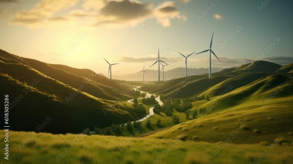 Wind turbines on the green hills against the colorful sunset sky. Production of renewable green energy. Sustainable development concept. Mockup, 3D rendering. Wind turbines on the green hills against the colorful sunset sky. Production of renewable green energy. Sustainable development concept. Mockup, 3D rendering.