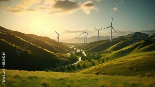 Wind turbines on the green hills against the colorful sunset sky. Production of renewable green energy. Sustainable development concept. Mockup, 3D rendering.