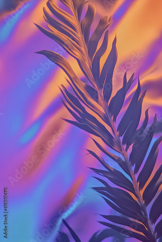 Abstract decorative concept. Exotic palm branch on futuristic purple vivid background. Colors that melt and mix. Digital art. Summer exotic idea. Flat concept. Fantasy in color. Warm bright colors. © NEONOW