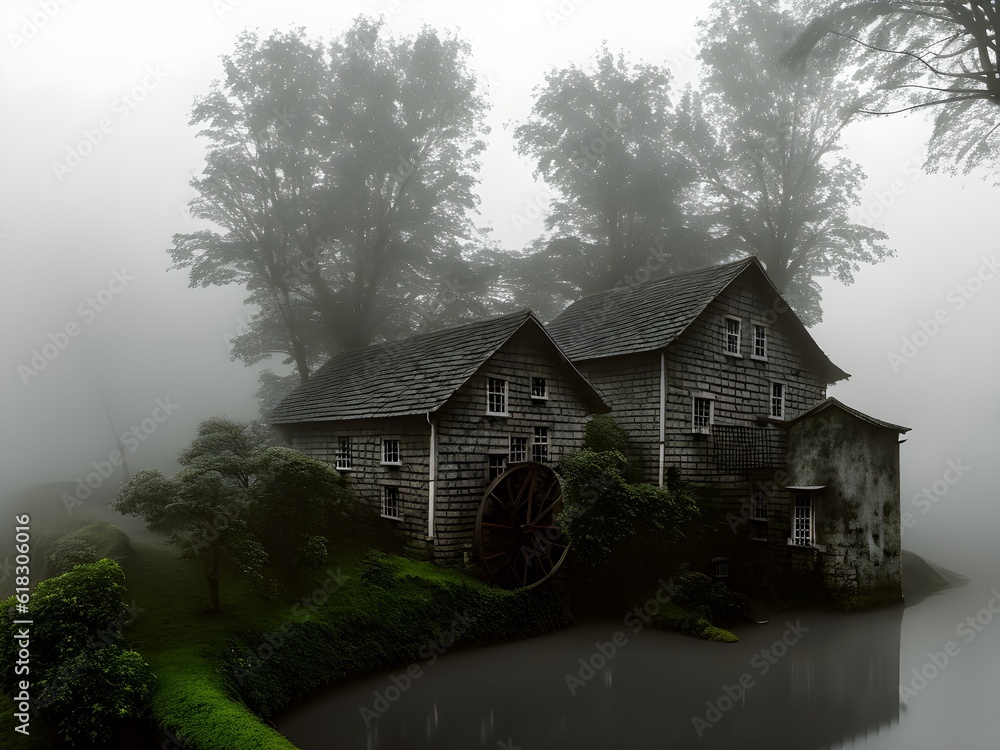 Water Mill in Foggy Day, Generative AI Illustration Water Mill in Foggy Day, Generative AI Illustration