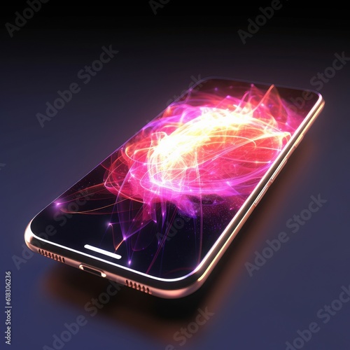 Closeup of a smartphone with abstract image on it's screen. Random light trails on a dark background. Modern 5G networks, high speed internet. New mobile technology concept. Mockup, 3D rendering.
