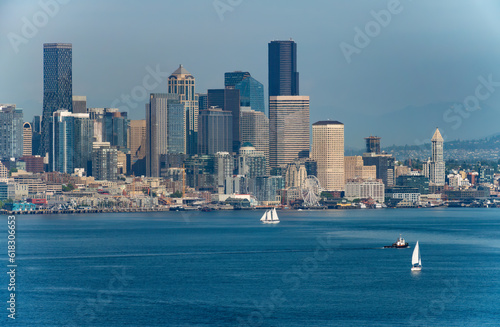 Seattle skyline view from  Elliott Bay  Puget Sound  Washington State  USA