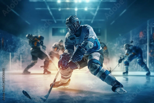 Ice Hockey player athlete in the helmet and gloves on stadium with stick. Action shot. Sport concept. Sports betting. Bets in the mobile application. Generative AI © Nataliia