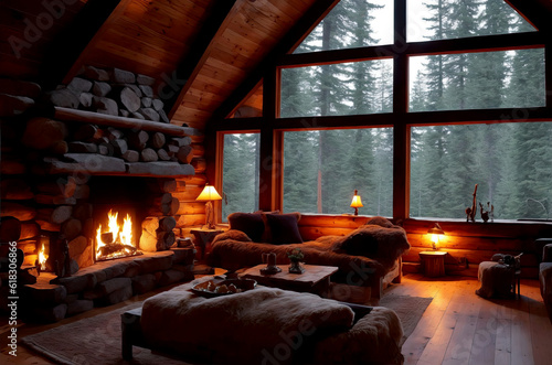 Illustration of a rustic living room with fireplace inside a chalet, warm cozy lighting at sunset - AI generative- AI generative 