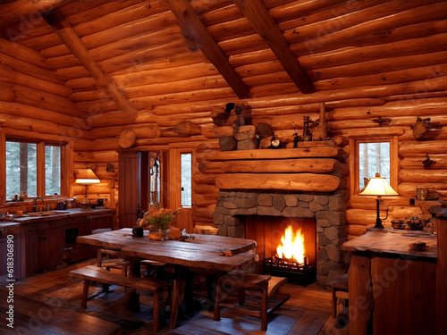 Illustration of a rustic kitchen with fireplace in a chalet, cozy warm lighting - AI generative  © zsuriel