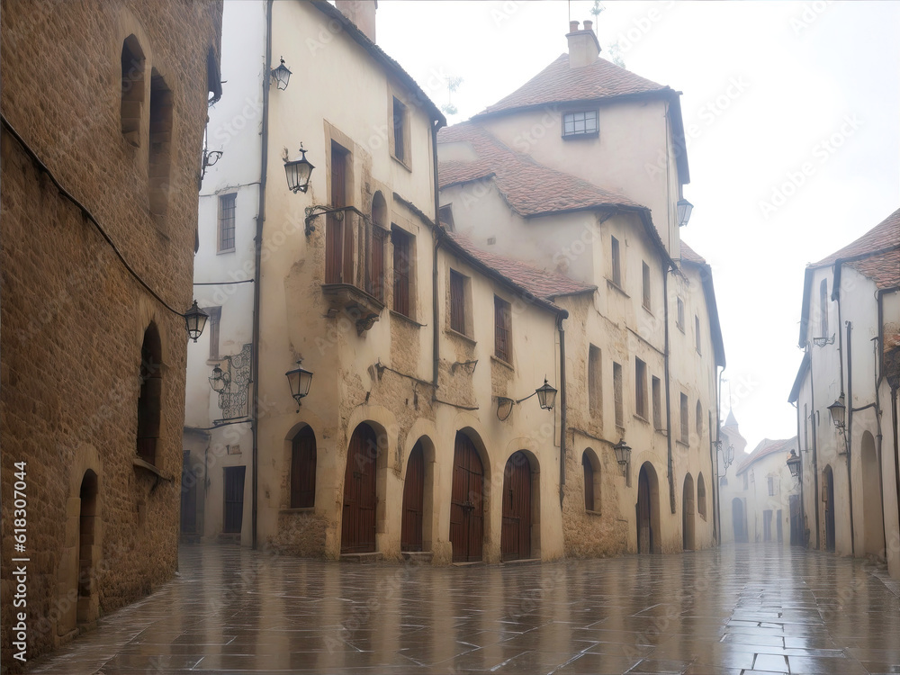 Illustration a foggy European medieval street after the rain- AI generative 