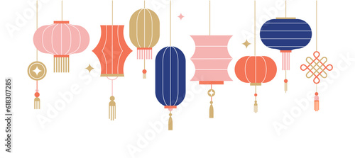 Collection of Chinese Lanterns. Chinese New Year, Mid Autumn Festival background, banner and greeting card. Flat minimalist geometric design