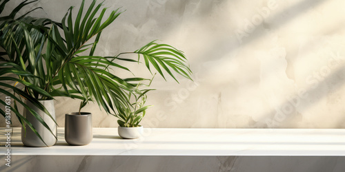A sleek white marble countertop in sunlight with palm leaf shadows on a concrete wall background, perfect for showcasing luxury organic cosmetics, skincare, and beauty products in 3D. © Bartek
