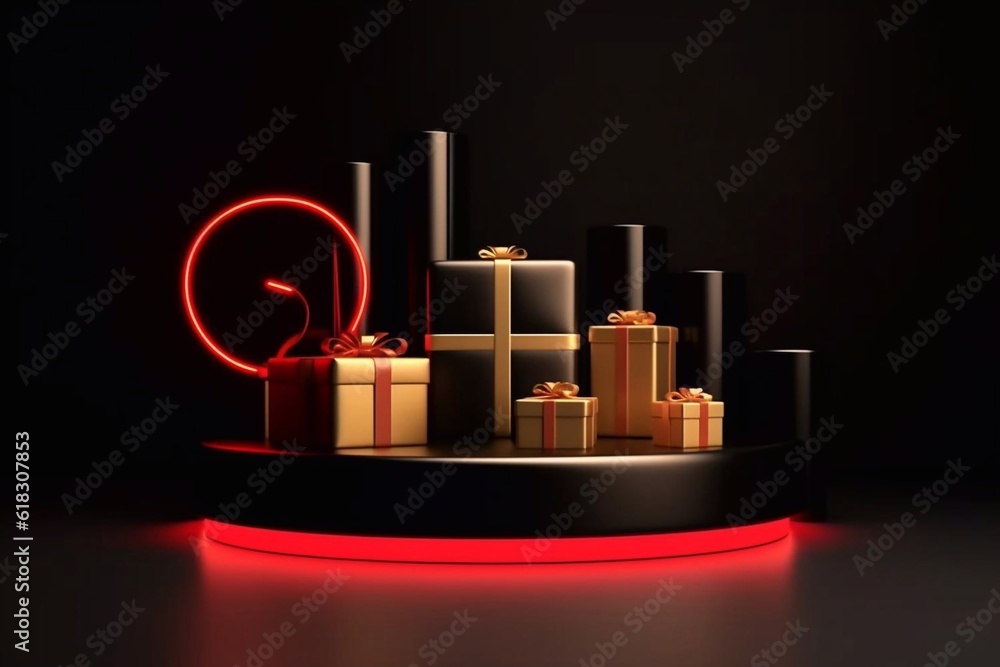 Black gift box with golden ribbon isolated on Black Background. 3d illustration of black gift box with gold ribbon. Generative AI Black gift box with golden ribbon isolated on Black Background. 3d illustration of black gift box with gold ribbon. Generative AI