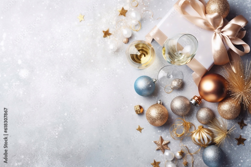 Christmas gift boxes with balls and decoration on white background. Generative AI Christmas gift boxes with balls and decoration on white background. Generative AI