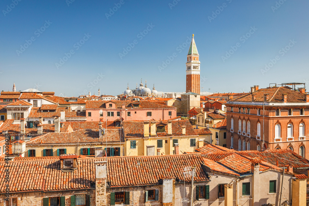 The Venice, top view of historic city centre with St. Mark's Campanile, Italy, Europe.
