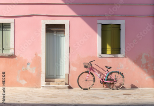 A bicycle is parked next to an colorful colored house. Generative Ai