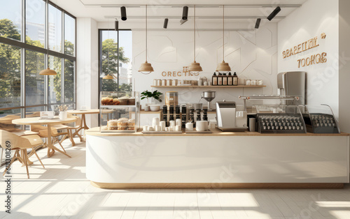 Korean style design café, small and modern with a 3D background of glossy ivory white circular corner counter, cake display, professional espresso machine, bar table, and stool 