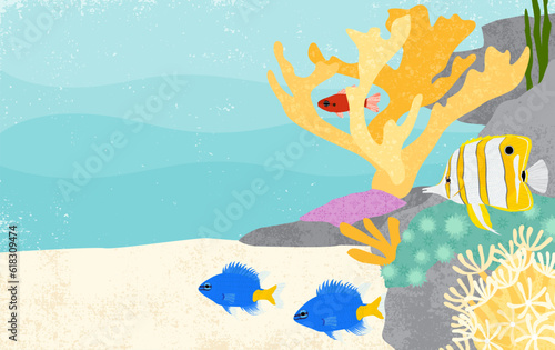 An ocean scene with fish  corals  and plants on the right. In a cut paper style with textures 