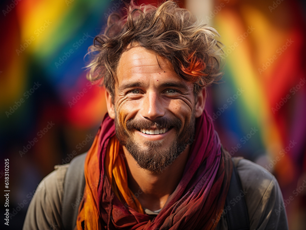 Cheerful young men / woman with lgbt flag smiling and taking selfie on street during pride festival on sunny summer day in city Cheerful young men / woman with lgbt flag smiling and taking selfie on street during pride festival on sunny summer day in city
