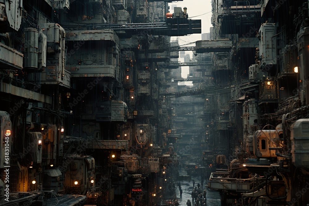 Futuristic moody dystopian cityscape at night with dark allies and large skyscrapers. AI generative Futuristic moody dystopian cityscape at night with dark allies and large skyscrapers. AI generative