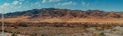 Bilde på lerret Dried-up river bed on mountains background at summer, Kazakhstan and Kyrgyzstan