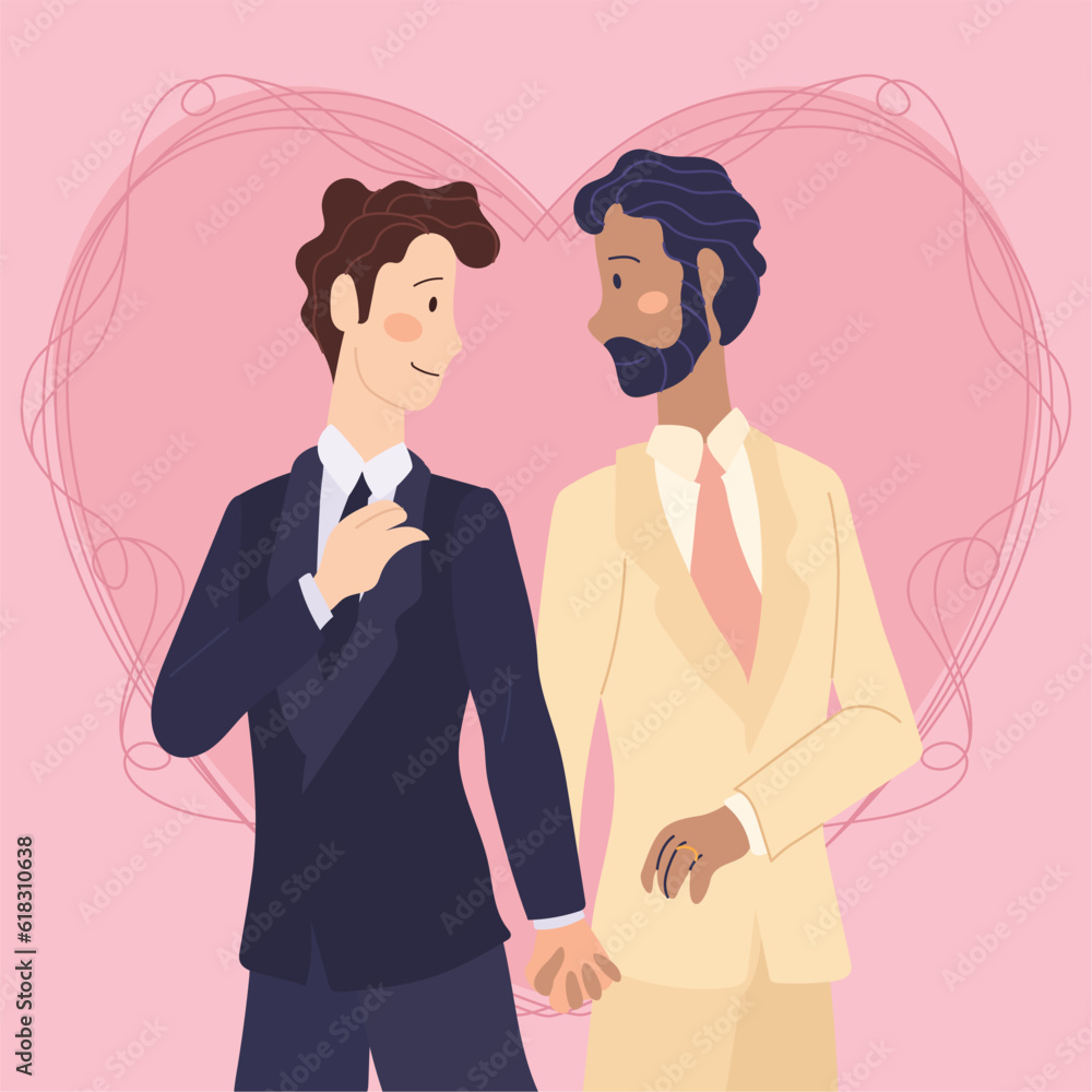Isolated cute homosexual wedding couple characters on a heart shape Vector illustration