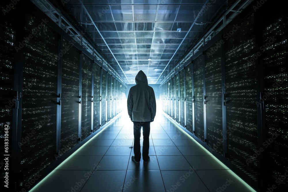 Hacker in a sever room, Unleashing the Futuristic Technoverse: Silhouette Hoodie Man Ventures into an Action-Packed Data Center, Engaging with Boundless Innovation amidst Opacity and Radiant Clusters Hacker in a sever room, Unleashing the Futuristic Technoverse: Silhouette Hoodie Man Ventures into an Action-Packed Data Center, Engaging with Boundless Innovation amidst Opacity and Radiant Clusters