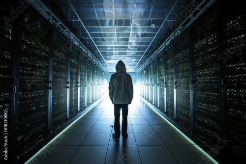 Hacker in a sever room, Unleashing the Futuristic Technoverse: Silhouette Hoodie Man Ventures into an Action-Packed Data Center, Engaging with Boundless Innovation amidst Opacity and Radiant Clusters