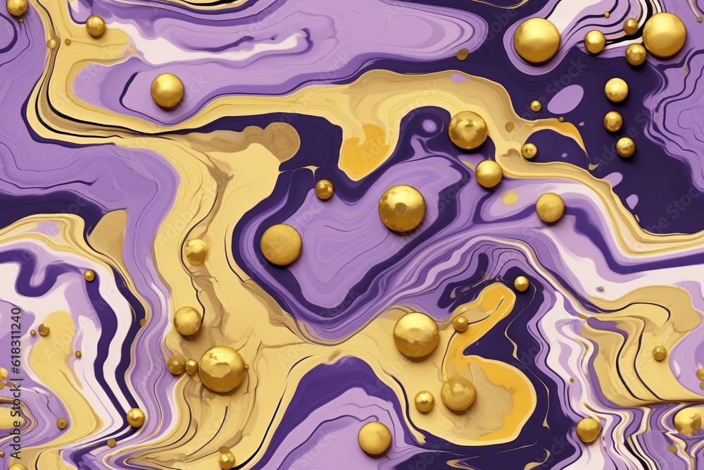 Fluid macro art texture. Backdrop with abstract mixing paint effect. Liquid acrylic artwork that flows and splashes. Mixed paints for interior poster. Purple, gold and violet colors