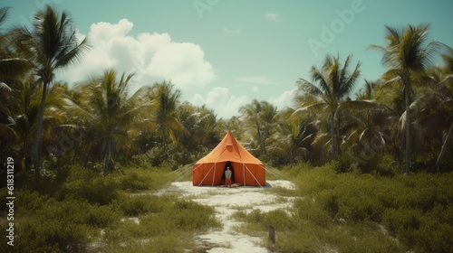 orange banner stretched in the middle of the vegetation, with a clear sky on the beach, with a person enjoying a tropical paradise