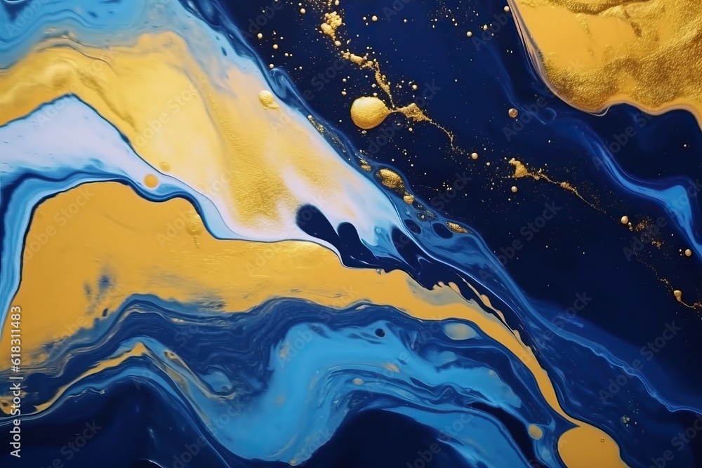 Fluid art texture. Backdrop with abstract mixing paint effect. Liquid acrylic artwork that flows and splashes. Mixed paints for interior poster. Blue, gold and white colors