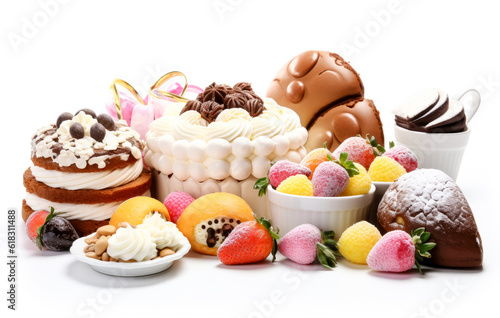 Easter candy and other  foods on flat white background.