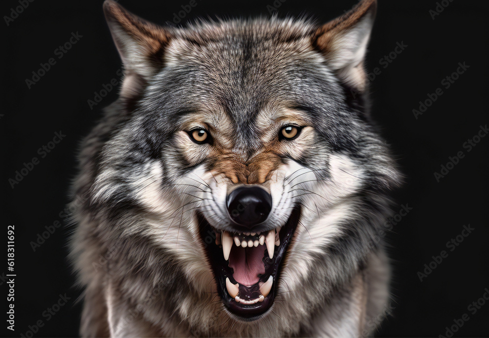 Obraz premium Portrait of a furious gray wolf on a black background,ai generated