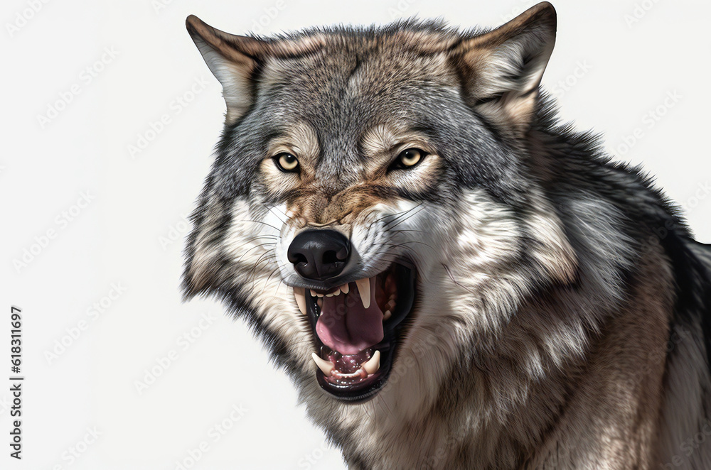 Naklejka premium Portrait of a furious gray wolf,ai generated