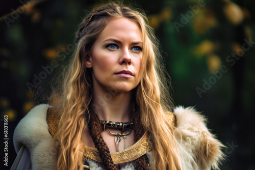 Portrait of Scandinavian Viking woman with blonde braided hair (Generative AI) photo