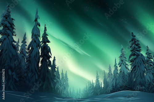 Northern lights against the background of snowy trees,ai generated