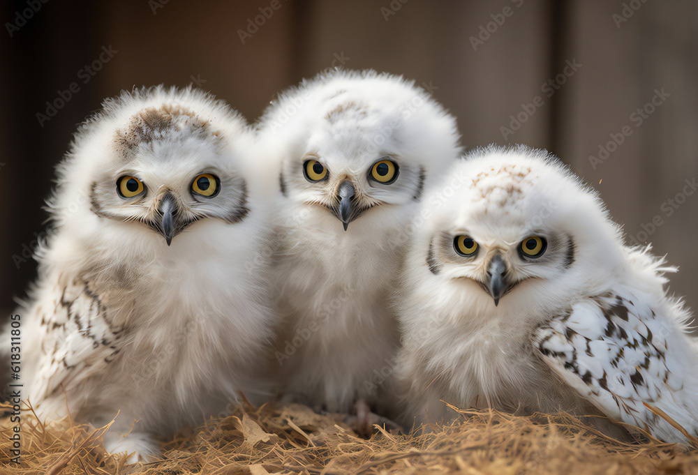 Obraz premium Three baby owls in the nest,ai generated