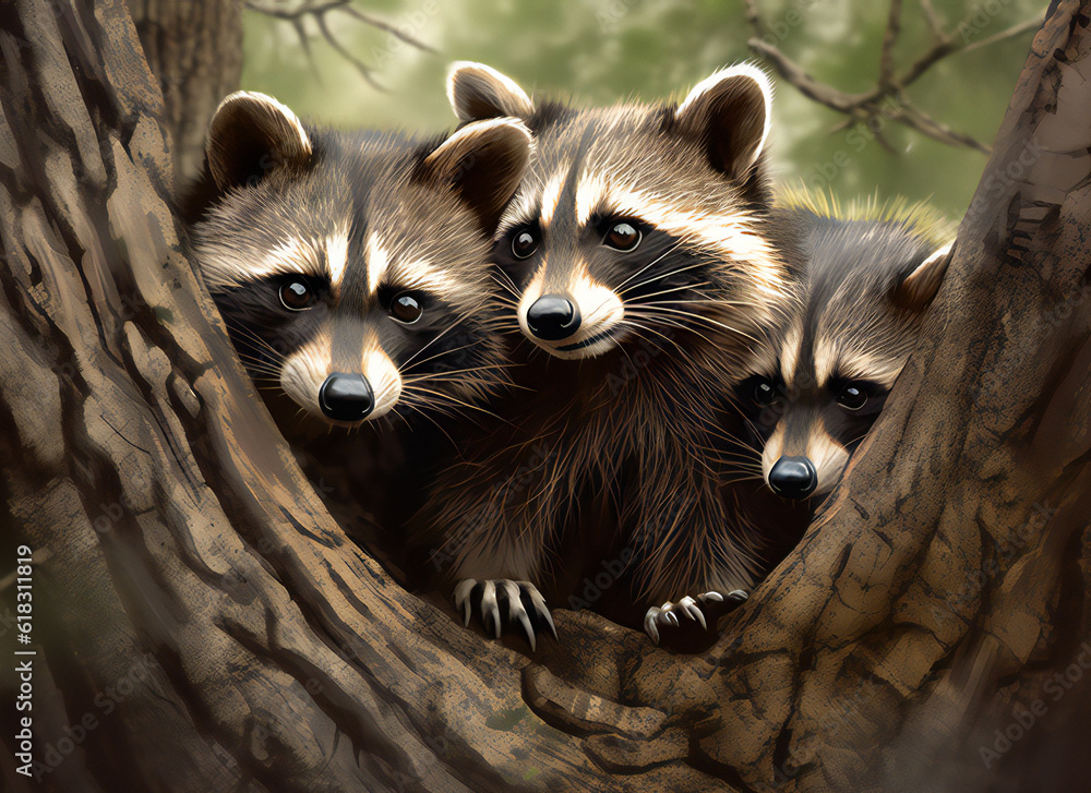 Three baby raccoons,ai generated