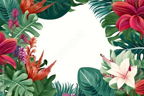 Tropical leaves and large exotic flowers frame. Space for text,ai generated
