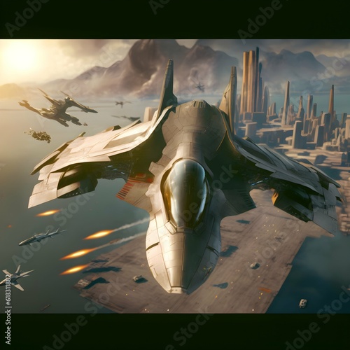 Tablou canvas The image shows a highspeed dogfight taking place in the skies above an urban la