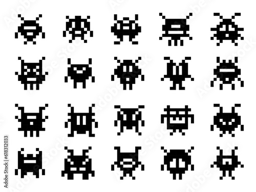 Pixel monsters, space creatures and cartoon alien robotic characters of arcade game, vector retro 8 bit icons. Funny cute robots or galaxy devils and bizarre monsters for video game or 8bit pixel art