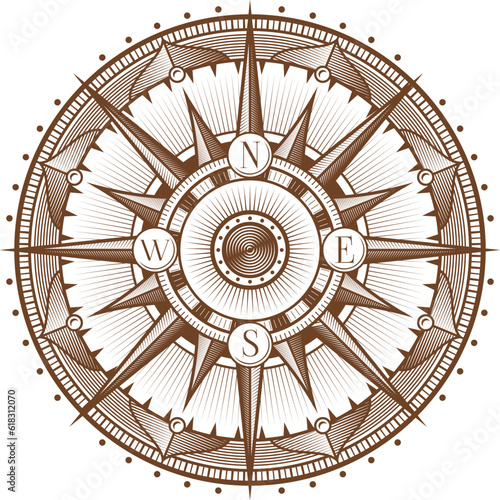 Vintage medieval antique wind rose compass. Sea expedition direction, marine geography map compass or ocean cartography wind rose vector icon or symbol. Nautical sailing latitude engraved sign