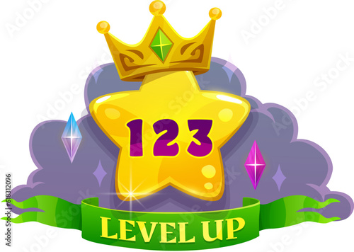 Game interface level up badge and win icon. Vector ui bonus label with golden star, crown, green award ribbon and gemstones. Medal for achievement, development reward, cartoon trophy experience growth